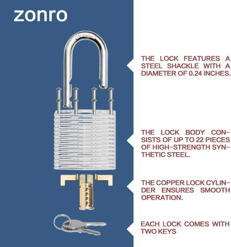 Vista 4 de ZonRo Candados con llave de acero laminado, cerraduras iguales con llave, 1-9/16 pulgadas de ancho, candados de grillete normal, paquete de 6, aro