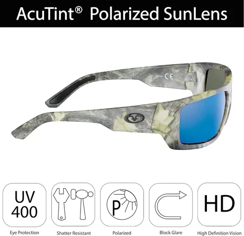 Vista 4 de Flying Fisherman Sargasso - Lentes de sol polarizados envolventes, marco de camuflaje matelente espejo azul ahumado, talla M, Marco de camuflaje