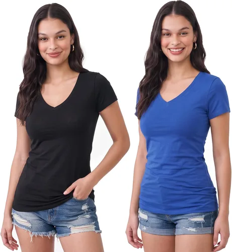 Vista 33 de Emmalise Camiseta de manga corta para mujer, cuello en V, tallas junior y plus