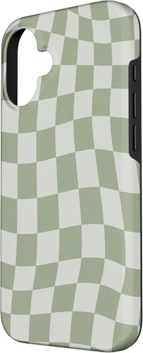 Vista 2 de Funda estética con patrón de tablero de ajedrez verde salvia a cuadros para iPhone 16