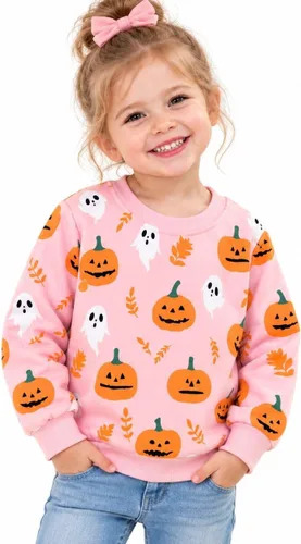 Vista 9 de HILEELANG Sudaderas de Halloween para niños pequeños, de algodón, sin botones, con estampado de calabaza, murciélago, boo, para niños y niñas