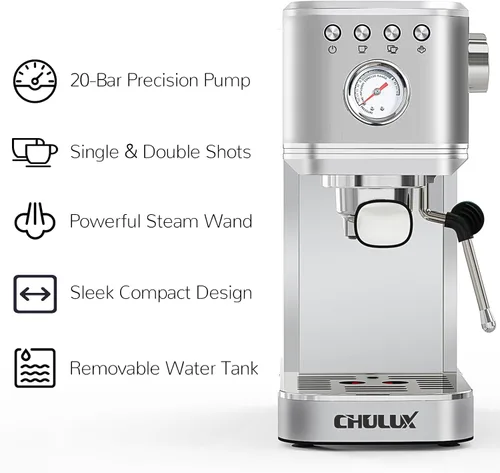 Vista 3 de CHULUX Kompatto - Máquina de café expreso de 20 barras con espumador de leche, máquina automática de café espresso de acero inoxidable para cafetera