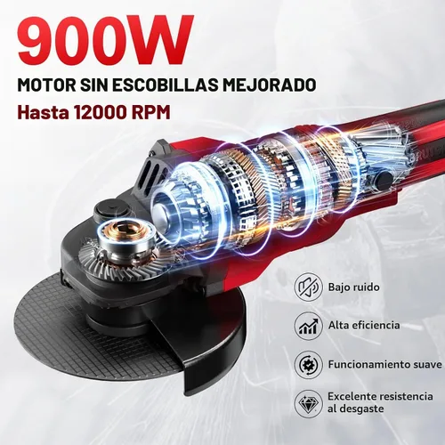Vista 2 de FULLYEA Amoladora angular inalámbrica de 4-1/2 pulgadas, motor sin escobillas de 12000 RPM, amoladora eléctrica de herramientas de potencia con 2