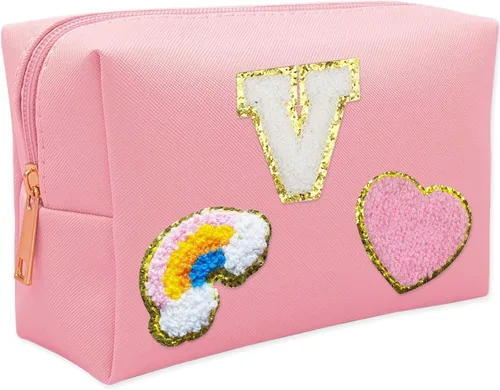 Vista 11 de Bolsa de Maquillaje Preppy, Estuche de Lápices de Cuero PU Premium Impermeable Bolsa de Cosméticos con Sonrisa Corazón Arcoíris Bonita Bolsa
