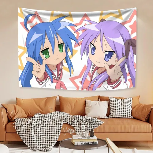Vista 4 de Bonito tapiz colorido de anime, Kawaii japonés divertido diseño de dibujos animados para niñas, tapiz rosa para sala de estar, dormitorio, 11