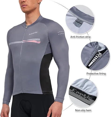 Vista 74 de Santic - Camiseta de ciclismo para hombre, manga larga, reflejante, cremallera completa, con bolsillos