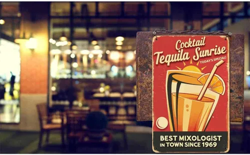 Vista 2 de AOYEGO Letrero de lata de bebida de vino, coctel de tequila, amanecer, el mejor mixólogo en la ciudad, rojo, vintage, de metal, para cafeterías
