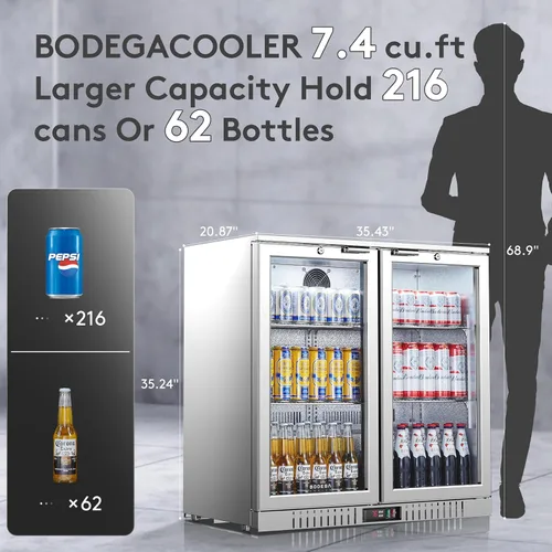 Vista 3 de BODEGA BODEGACOOLER - Enfriadora de barra trasera con 2 puertas de vidrio, refrigerador comercial de acero inoxidable de 7.4 pies cúbicos