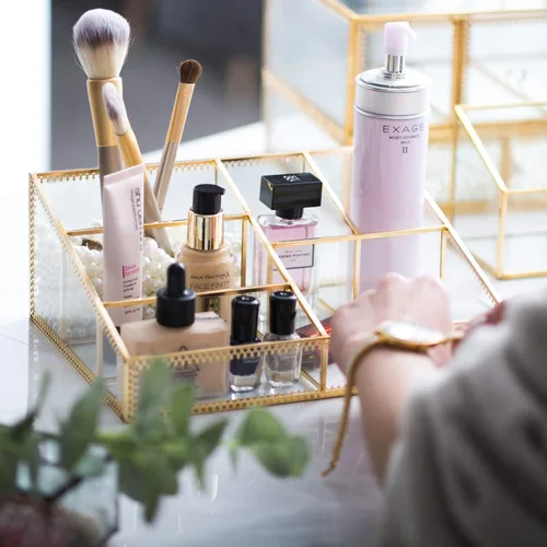 Vista 6 de Organizador de maquillaje antiguo para encimera, caja de almacenamiento de cosméticos de cristal, soporte de gran capacidad para pinceles, lápices