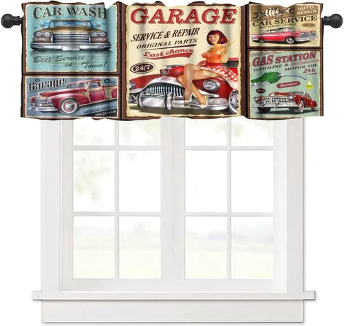Vista 14 de Cortina de cenefas retro de los años 50, reparación de publicidad de automóvil, garaje, clásicos, bolsillo para barra, tratamientos de ventana corta
