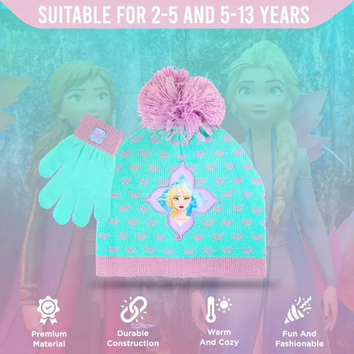 Vista 3 de Disney Frozen - Gorro de invierno para niñas y niños pequeños y guantes de nieve para niños Elsa y Anna con guantes de nieve