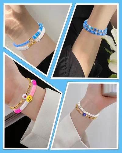 Vista 4 de Preppy Heishi - Juego de pulseras de surfista para niñas adolescentes, bonitos aretes estéticos, anillos estéticos preppy coloridos de oro blanco