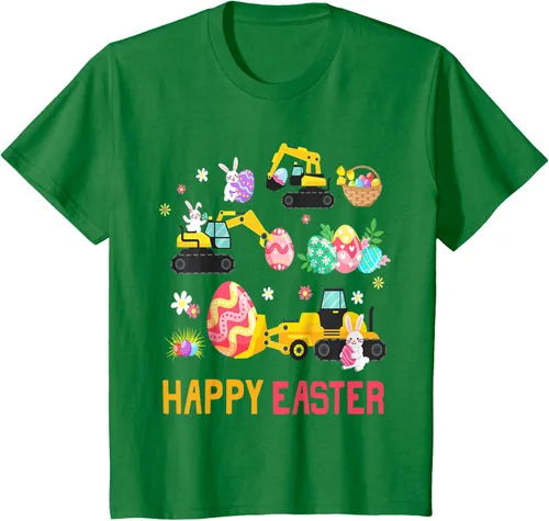 Vista 3 de Kids Happy Easter Construction Crane Truck Boys Toddler T-Shirt Negro