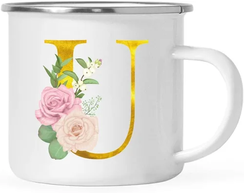 Vista 13 de Andaz Press Taza de café de acero inoxidable para niños de 11 onzas, regalo de taza de café de fogata, rosa rubor, monograma de oro sintético, letra