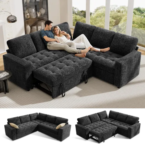 Vista 17 de Vipbear Sofá cama modular en forma de L de 7 asientos con otomana/cama extraíble/respaldo reclinable/puertos USB/mesa/luz LED/asiento de Negro