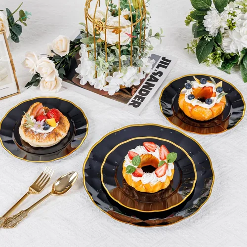 Vista 7 de supernal 60 piezas Platos de Cumpleaños Negros y Dorados Platos de Plástico para Fiestas y Platos Desechables Elegantes Platos Festoneados