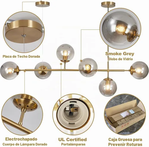 Vista 3 de KCO Lighting Lámpara de Araña Sputnik Moderna de Globo de 6 Luces Latón Dorado Lámpara de Araña Colgante Lineal Iluminación de Cristal Ahumado