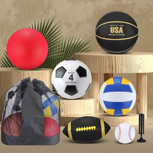 Vista 4 de Realspring Juego de 6 pelotas deportivas múltiples para niños y adolescentes, tamaño oficial, fútbol, voleibol, pelota de juegos infantiles, béisbol