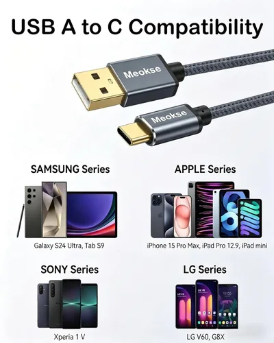 Vista 4 de Meokse Cable USB A a USB-C extralargo de 20 pies, nailon trenzado de alta densidad, conector de aluminio extendido, juego de sofá y potencia lejana