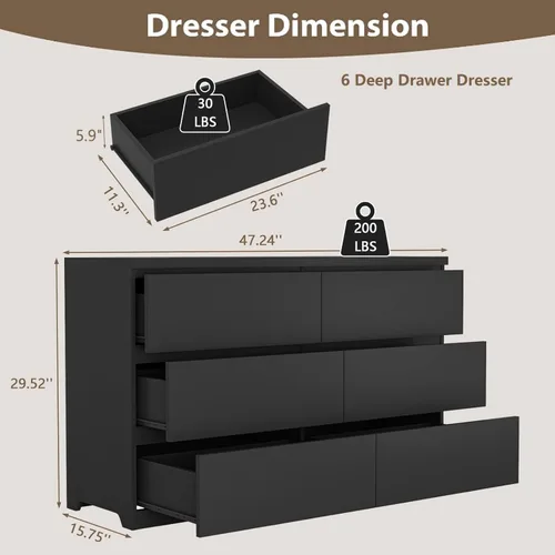 Vista 3 de Cómoda negra de 6 cajones para dormitorio, cómoda de cajones profundos moderna con diseño sin tirador, cómoda de almacenamiento con cajones, mueble
