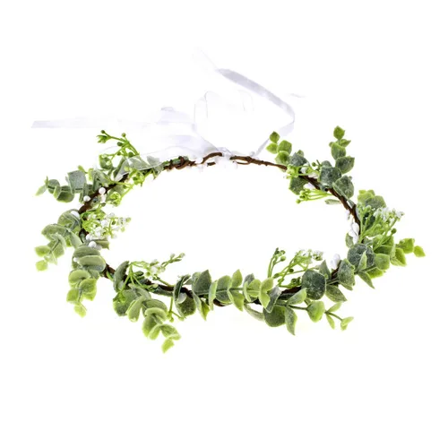 Vista 6 de Corona de flores suculentas, eucalipto, halo de boda, diadema floral, accesorio para fotos (B-blanco)