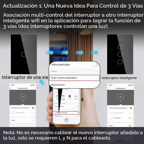 Vista 3 de Interruptor de luz de pared inteligente con WiFi MoesGo, panel de vidrio, control múltiple (3 vías), interruptores táctiles Wi-Fi de 2.4GHz