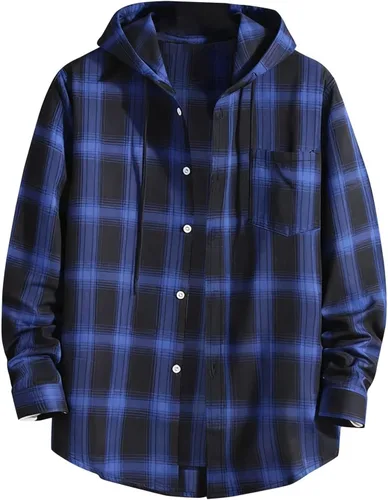 Vista 8 de Camisa a cuadros con botones para hombre, ligera, casual, de manga larga, ajuste holgado, UPF 50+, con capucha y protección solar