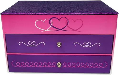 Vista 2 de Joyero para niñas brillo rosa y morado con corazones y ribete rosa y morado brillo morado con 3 corazones