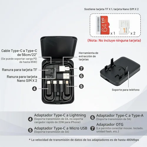 Vista 2 de Tarjeta de Cable Multifuncional Compacta con Cable USB-C de 22" y Kit de Adaptador USB A/Micro-USB/Lightning/OTG, Caja de Almacenamiento