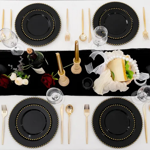 Vista 8 de supernal 100 piezas Platos de plástico negros y dorados, platos desechables negros, suministros de fiesta de Halloween que incluyen 50 platos