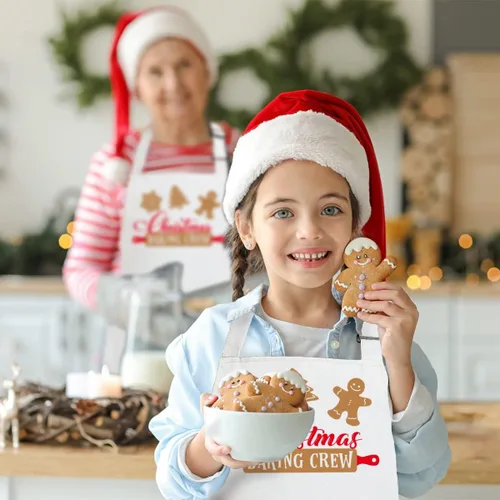 Vista 4 de Paquete de 2 delantales de Navidad a juego para niños y adultos, delantales de Navidad para panaderos, delantales de cocina blancos de Navidad con 2