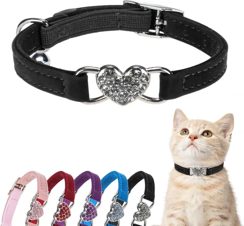 Vista 11 de BINGPET collar ajustable para gatos, de terciopelo suave, seguro, collares Bling diamante con cascabel, Adjustable, Negro Negro