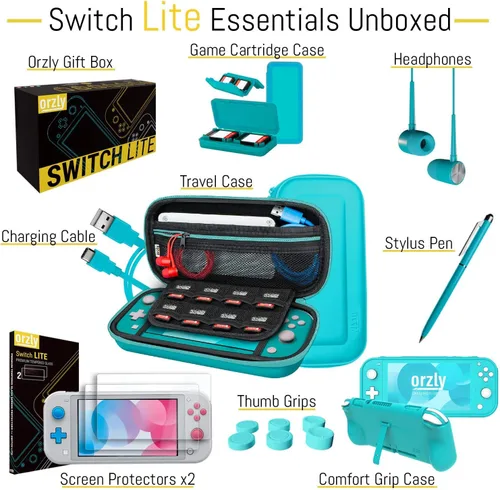 Vista 4 de Orzly Switch Lite Accessories Bundle - Funda y protector de pantalla para consola Nintendo Switch Lite, cable USB, soporte para juegos, funda
