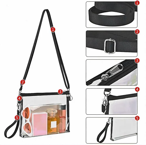 Vista 4 de Bolsa transparente para eventos de estadio, bolsa cruzada transparente de PVC transparente, bolso impermeable transparente con correa ajustable