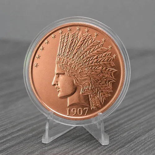 Vista 3 de Réplica de Águila de Oro India de 1907, $10, 1 onza de cobre puro .999, redonda, coleccionable, moneda de 39 mm en cápsula - COA de Heavenly Metals