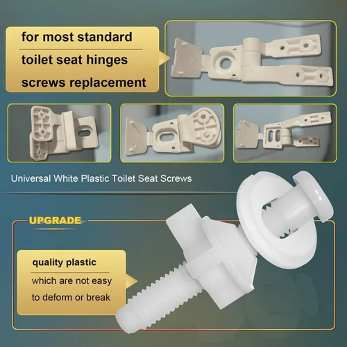 Vista 4 de Paquete de 2 tornillos universales de repuesto de plástico blanco para asiento de inodoro, bisagras de asiento de inodoro, pernos y tuercas