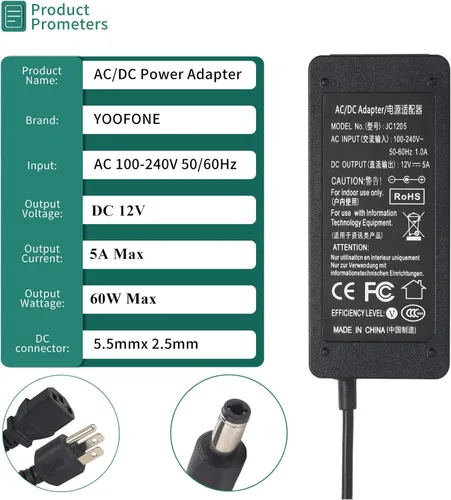 Vista 2 de Fuente de alimentación de 12V 5A 5Amp 60W Adaptador universal AC/DC, 100 ~ 240V CA a CC 12 voltios 5A 4A 3A 2A 1A Convertidor, punta 5.5X 0.098 in