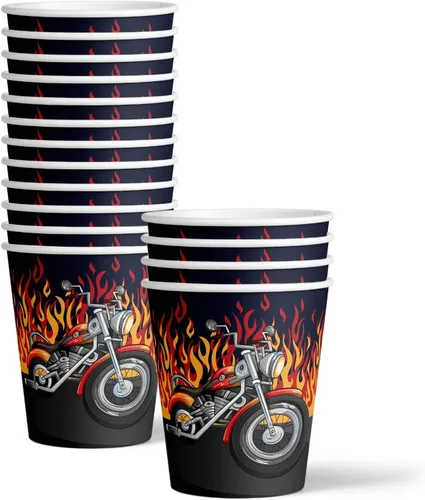 Vista 3 de Juego de suministros para fiesta de cumpleaños de motociclistas, platos, servilletas, vasos, vajilla para 16