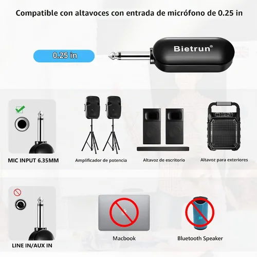 Vista 6 de Bietrun Auriculares inalámbricos con enchufe de 1/4 pulgadas, rango de 165 pies, micrófono inalámbrico UHF y micrófono de mano 2 en 1, para altavoz