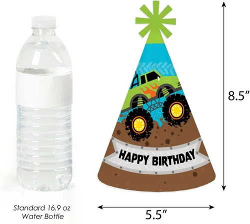 Vista 3 de Big Dot of Happiness Smash and Crash - Monster Truck - Cone Happy Birthday Party Hats for Kids and Adults - Set of 8