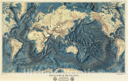 Vista 2 de Suelos oceánicos mundiales y alivio de la tierra 1976 - Impresión de mapas topográficos históricos - 24 x 16 pulgadas