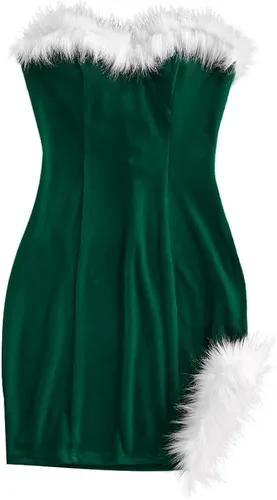 Vista 2 de ZAFUL Vestido corto de Navidad para mujer de piel sintética sin tirantes color rojo de Papá Noel vestido de fiesta de terciopelo bandeau