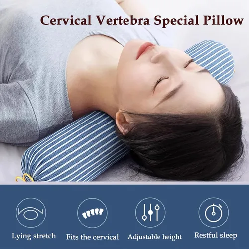 Vista 2 de Adjustable Cervical Roll Pillow, Buckwheat Hulls Neck Pillow, Orthopedic Bed Pillow, for Back, Neck, Shoulders Pain Relief,Blue and White Stripes