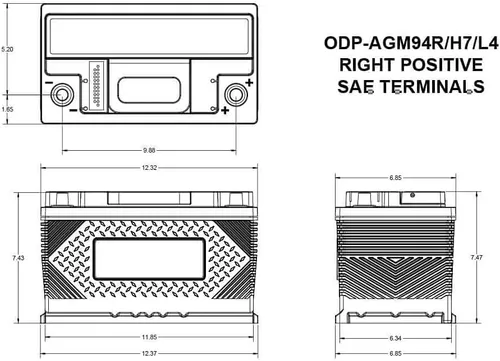 Vista 3 de Odyssey Battery, Performance Series, AGM, 12V, 850 Cranking amps, Top Post Terminals, 12.36 in L x 7.47 in H x 6.85 in W, Each