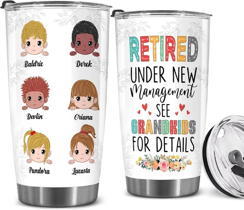 Vista 15 de WHIDOBE Vaso de jubilado personalizado (1 niño) personalizado jubilado bajo nueva administración, mira a los nietos para obtener detalles, vaso