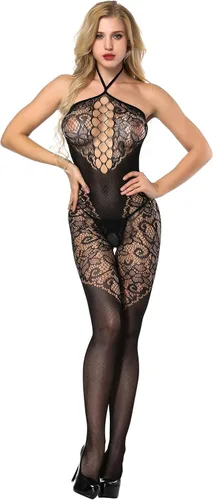 Vista 2 de Walang Lip Lencería sexy de malla de malla para mujer, vestido de liga halter