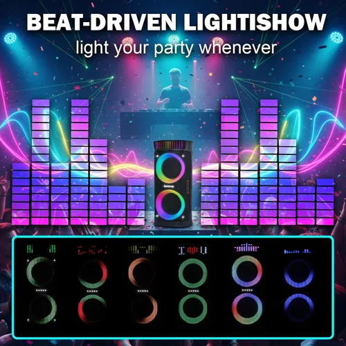 Vista 4 de Altavoz Bluetooth grande, pico de 200 W, 8 luces, 2 micrófonos TWS Stereo Pairing, 6 EQ Modes, 18-Level Bass/Treble Control, Type-C Charging for
