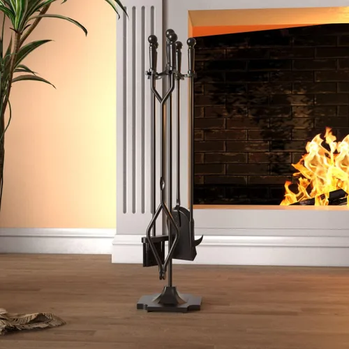 Vista 7 de Juego de herramientas de chimenea de hierro forjado negro, 5 piezas, para estufa de leña, pinzas de tronco, accesorios de chimenea de alta