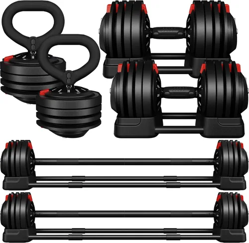 Vista 2 de Yaheetech Juego de mancuernas ajustables de peso libre, 40 libras, 52.5 libras, 90 libras, juego de mancuernas de ajuste rápido, con bandeja