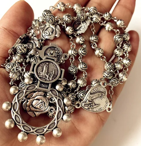 Vista 2 de elegantmedical Hecho a mano vintage plata rosa cuentas católica Nuestra Señora de Fátima Rosario Collar Cruz caja de regalo crucifijo Italia